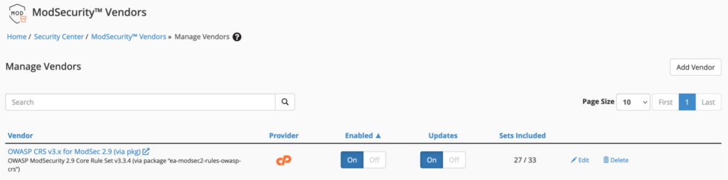 WHM ModSecurity Vendors page
