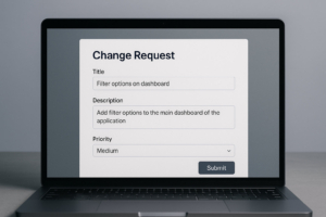 Screenshot of a modern web form titled “Change Request Form.” The form has fields for Title, Description, Priority (dropdown), and Type of Change (dropdown). The Submit button is visible. The UI has soft shadows, clean white backgrounds, and modern web styling.