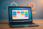 Image of a modern laptop open on a desk. The laptop screen displays a colorful digital Kanban board with columns labeled Backlog, In Review, In Progress, and Done. Gears and arrows subtly overlay the background, symbolizing continuous improvement and agile processes. Soft lighting and a professional tech office vibe.