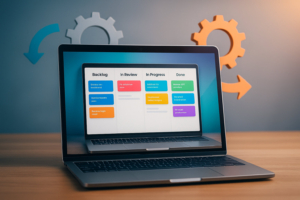 Image of a modern laptop open on a desk. The laptop screen displays a colorful digital Kanban board with columns labeled Backlog, In Review, In Progress, and Done. Gears and arrows subtly overlay the background, symbolizing continuous improvement and agile processes. Soft lighting and a professional tech office vibe.