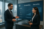 A photorealistic scene in a modern office shows a confident man and woman in business attire engaged in discussion beside a large digital screen. The screen displays technical diagrams of website architecture, bar graphs, and keywords like “Scalability,” “Security,” and “Integration,” along with a subtle WordPress logo. The office features floor-to-ceiling windows overlooking a bright city skyline, sleek wooden furniture, and soft natural lighting. The man gestures while speaking, and the woman smiles, holding a digital tablet, symbolizing enterprise-level collaboration and technology solutions.