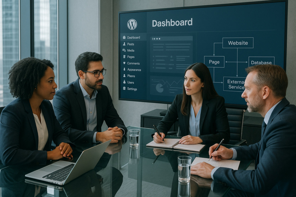 A photorealistic image depicts four diverse professionals—two women and two men—in business attire collaborating around a glass conference table in a modern office. Behind them, a large digital screen displays a WordPress dashboard interface and technical diagrams of enterprise website architecture, including labeled blocks for “Website,” “Page,” “Database,” and “External Services.” The group looks focused and engaged in conversation, with open notebooks, pens, and a laptop on the table. Floor-to-ceiling windows provide a view of a city skyline, creating a bright, high-tech professional atmosphere.
