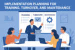 Digital flat-style illustration depicting four business professionals collaborating on a WordPress implementation plan. A man in a navy suit presents key points labeled Training, Turnover, and Maintenance on a presentation board, while two women and one man engage at a table with laptops, representing teamwork and enterprise planning.