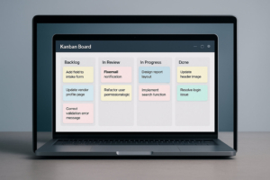 Kanban board on a computer monitor. The board has sticky-note style cards in bright colors, arranged under columns labeled Backlog, In Review, In Progress, and Done. Cards have brief text like “Add field to intake form” and “Fix email notification.” Subtle shadows and reflections give the screen depth.