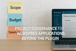 A digital workspace with three sticky notes labeled Scope, Budget, and Stakeholders, positioned next to an open laptop displaying the WordPress dashboard. In the background, faint flowchart lines symbolize structured project planning. The image title reads “Project Governance for WordPress Applications: Beyond the Plugin.”