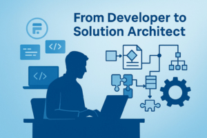 Illustration of a WordPress developer evolving into a solution architect, showing a person at a laptop on one side and architectural diagrams, flowcharts, and system icons on the other, symbolizing the shift from coding to designing scalable solutions.