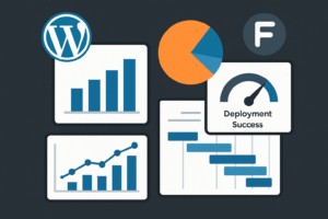 Dashboard with charts representing WordPress project metrics like defect rate and deployment success, overlaid with WordPress and plugin icons.