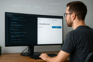 A photorealistic image of a WordPress developer coding a Gutenberg plugin using JavaScript on a widescreen monitor. The screen shows a custom sidebar panel and block editor interface. A flowchart on the wall illustrates thunk-based asynchronous data management between selector, thunk, and reducer.