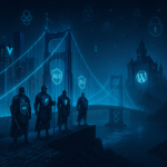 A glowing bridge made of data streams connects a frontend cityscape to a WordPress fortress, with digital guardians representing JWT, OAuth, and SSO security. The image symbolizes API authentication in a headless WordPress environment.