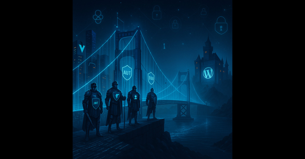 A glowing bridge made of data streams connects a frontend cityscape to a WordPress fortress, with digital guardians representing JWT, OAuth, and SSO security. The image symbolizes API authentication in a headless WordPress environment.