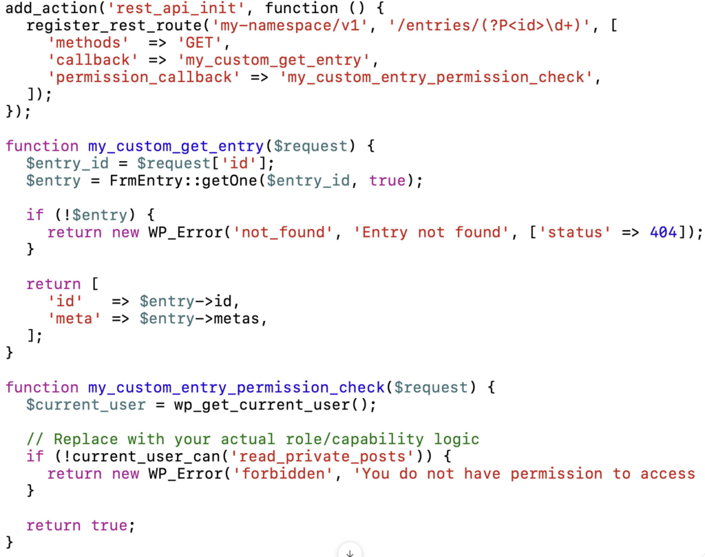 Code example that creates a custom endpoint to check authorization.