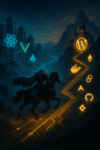 A headless rider splits across two paths—one leading to a frontend city glowing with React, Vue, and Svelte, the other to a WordPress fortress surrounded by Docker and CI/CD icons. The image represents deployment models in headless WordPress architecture.