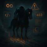 The Headless Horseman halts on a glowing data trail where errors and broken code float in the air. Debugging icons and flickering logs surround him, symbolizing troubleshooting in a headless WordPress system.