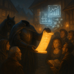 The Headless Horseman presents a glowing scroll to a group of villagers gathered in a medieval town square. Projected above the scroll are technical diagrams and charts, symbolizing stakeholder education for headless WordPress projects.