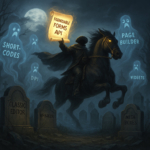 A headless rider gallops past haunted plugin tombstones labeled with legacy WordPress features. Ghostly shortcodes and widgets rise, while a glowing Formidable Forms scroll shows the way forward.