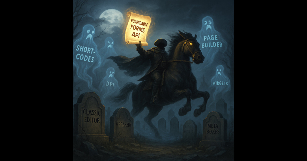 A headless rider gallops past haunted plugin tombstones labeled with legacy WordPress features. Ghostly shortcodes and widgets rise, while a glowing Formidable Forms scroll shows the way forward.