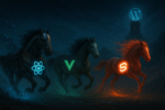 Three stylized horses—one armored for React, one agile for Vue, and one radiant for Svelte—gallop across a digital landscape beneath a starry sky filled with code. Each horse leaves glowing trails of data, representing frontend frameworks in a headless WordPress environment.
