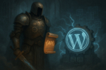 A headless armored knight stands beside a glowing WordPress engine etched with gears and API routes, holding a scroll symbolizing the REST API. The illustration evokes headless architecture where the WordPress backend operates without a native frontend.