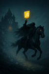 A headless horseman on a black horse rides through a digital landscape, carrying a glowing JavaScript symbol. Behind him, a WordPress castle emits streams of JSON data. The scene blends gothic horror with futuristic web elements to symbolize headless WordPress architecture.