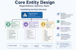 A technical infographic illustrating core entity design in Formidable Forms, with organizations as the root parent entity connected to systems, users/contacts, and downstream governance records through structured hierarchical relationships.