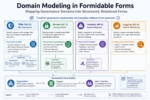A technical infographic illustrating domain modeling in Formidable Forms, mapping governance domains including Risk Assessment (RA-3), Access Control (AC-2), Incident Response (IR-4), and Logging (AU-6) into structured relational forms connected to organizations, systems, and users.