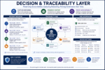 A technical infographic showing the decision and traceability layer in Formidable Forms, including incident decision timelines, risk acceptance records, review histories, and governance traceability relationships used to preserve accountability and evidentiary records.