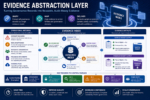 A technical infographic illustrating the Evidence Abstraction Layer in Formidable Forms, featuring an Evidence Index that connects operational records, control-family mappings, packet eligibility, and sample versus premium evidence outputs within an enterprise governance platform.