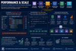A technical infographic explaining enterprise performance optimization in Formidable Forms, showing metadata LEFT JOIN query generation, the frm_view_order filter override process, operational data stores, SQL Views, star schemas, and optimized entry ID retrieval strategies for scalable governance applications.